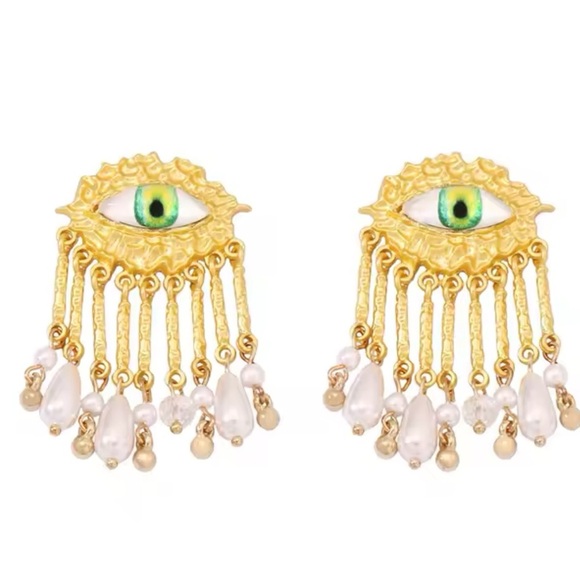 Maison Green Evil Eye Protection Pearl Dangle Earrings - Picture 4 of 12